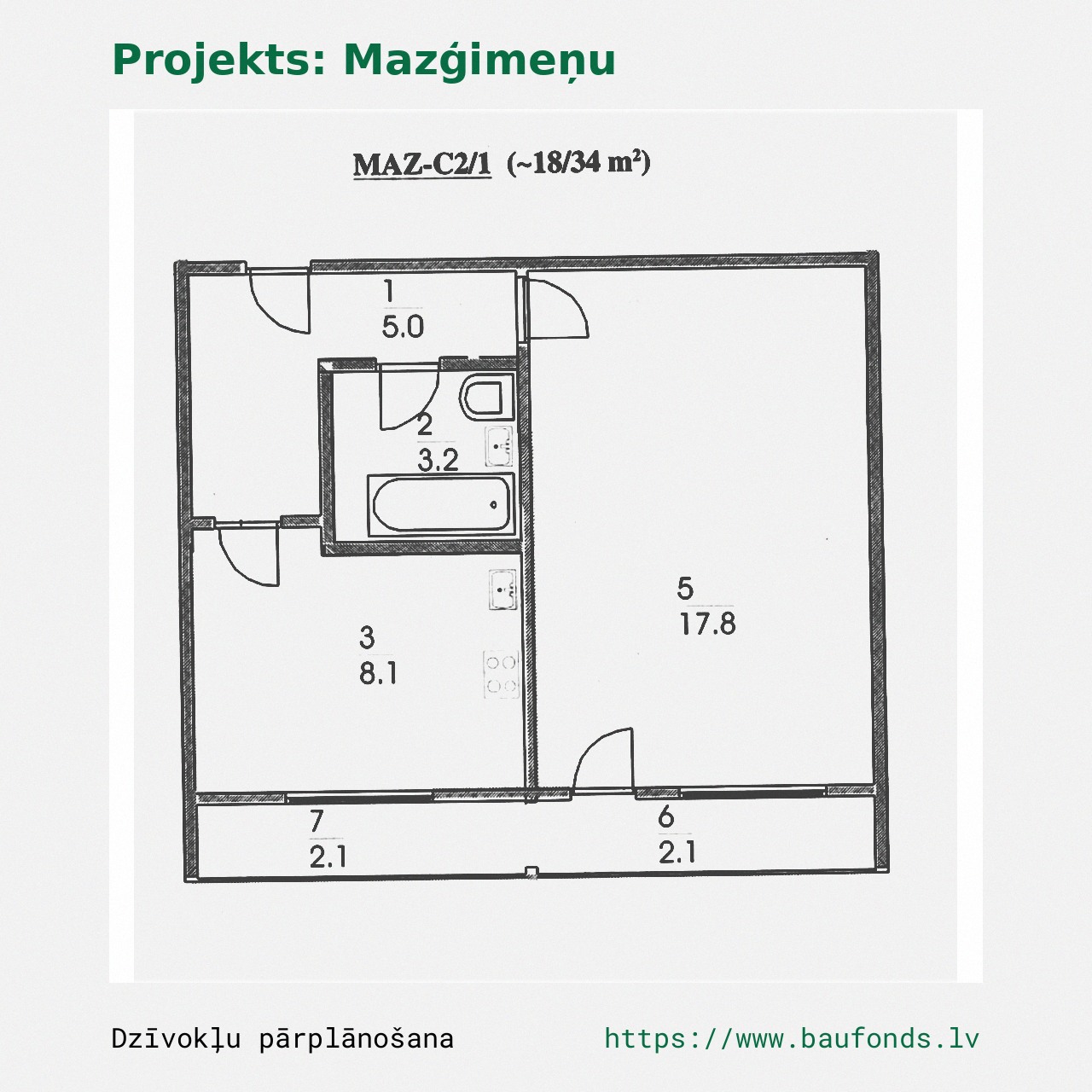 One-bedroom apartment, Small Family (MAZ-C2/1). Area 18-34 m² / A