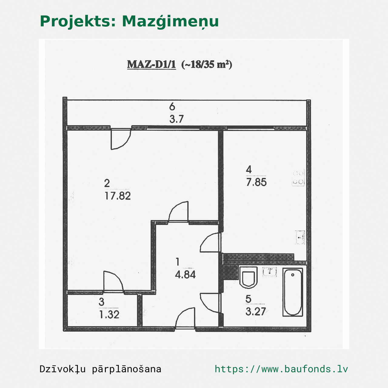 One-bedroom apartment, Small Family (MAZ-D1/1). Area 18-35 m² / A
