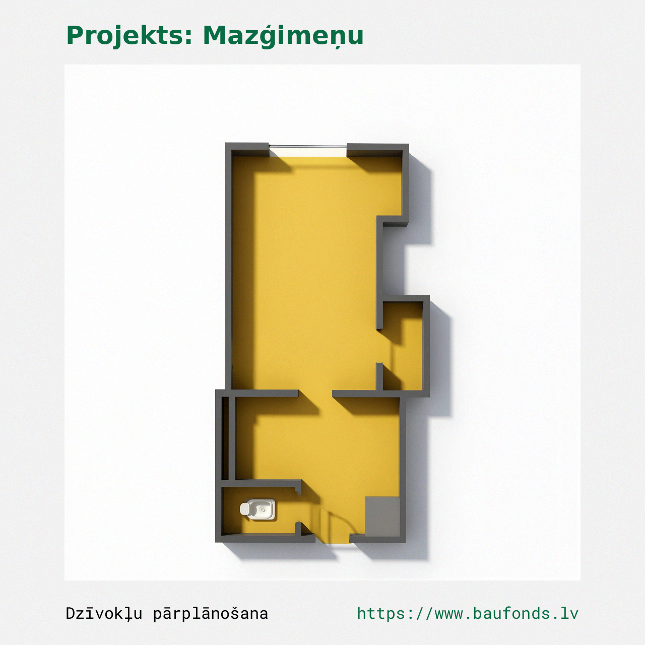 Vieno kambario butas, Mažos šeimos butas (MAZ-E2/1). Plotas 7-12 m² / B