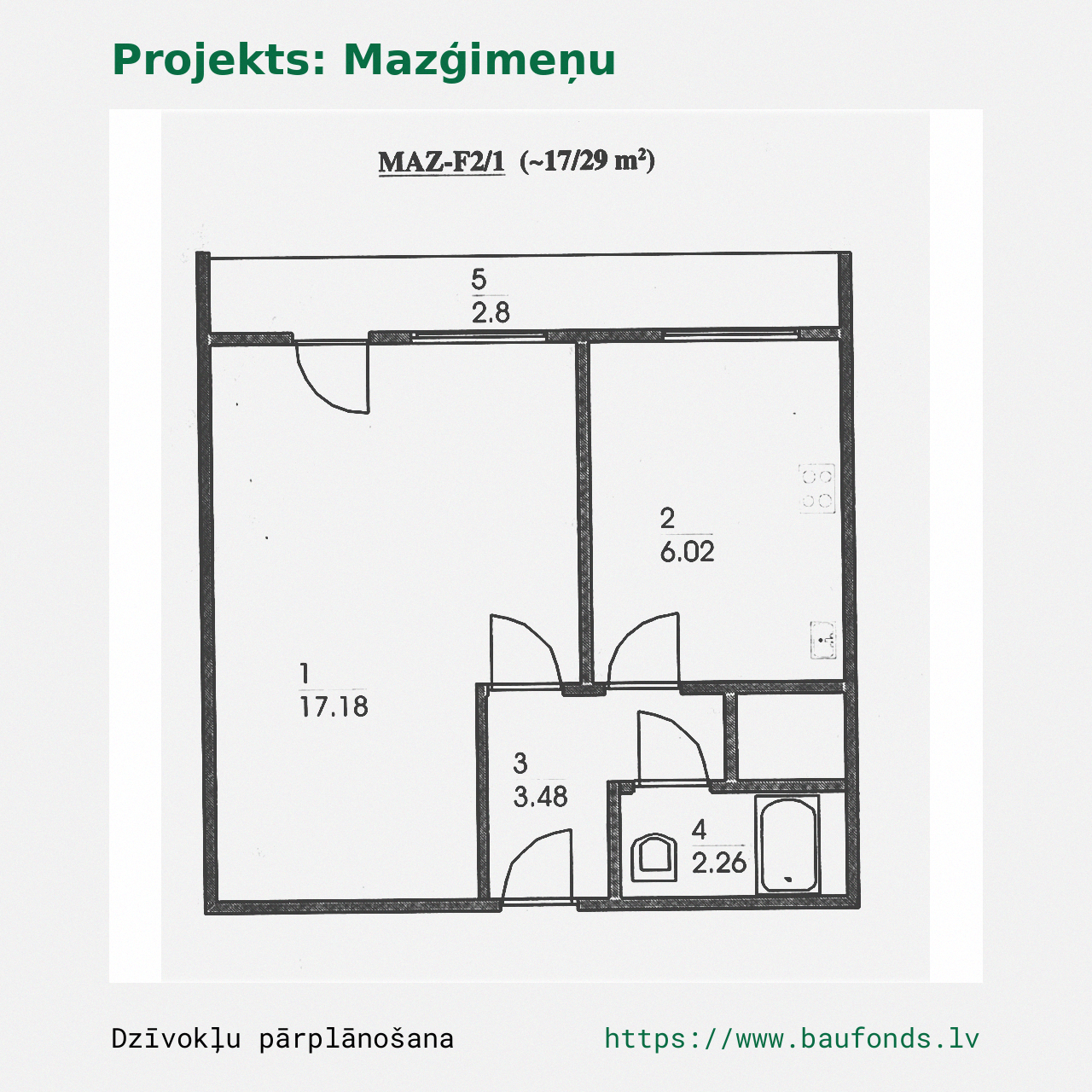 One-bedroom apartment, Small Family (MAZ-F2/1). Area 17-29 m² / A